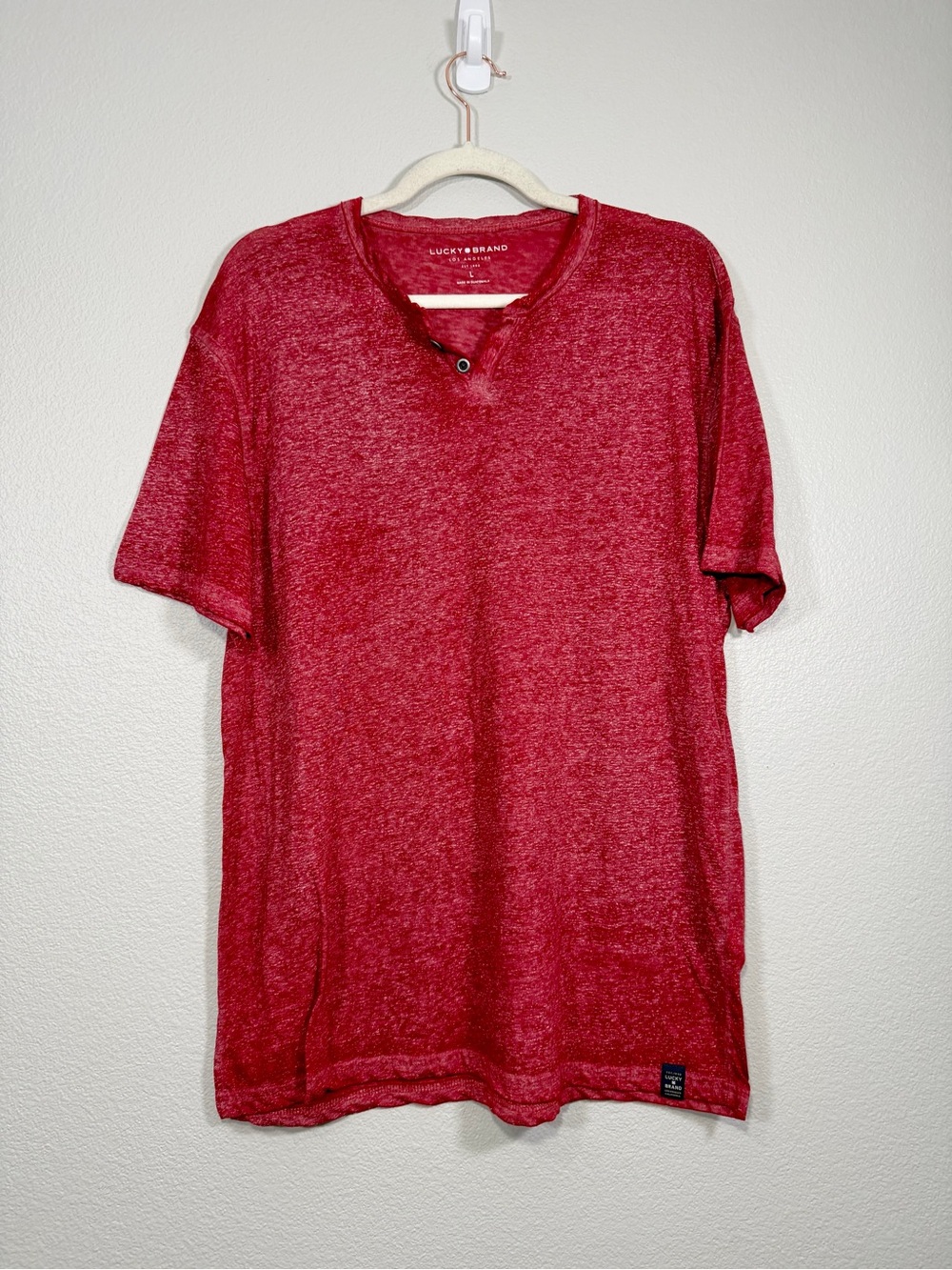 Lucky Brand Shirt T-Shirt Heather Red Henley Tee Button Soft Short Sleeve Men L